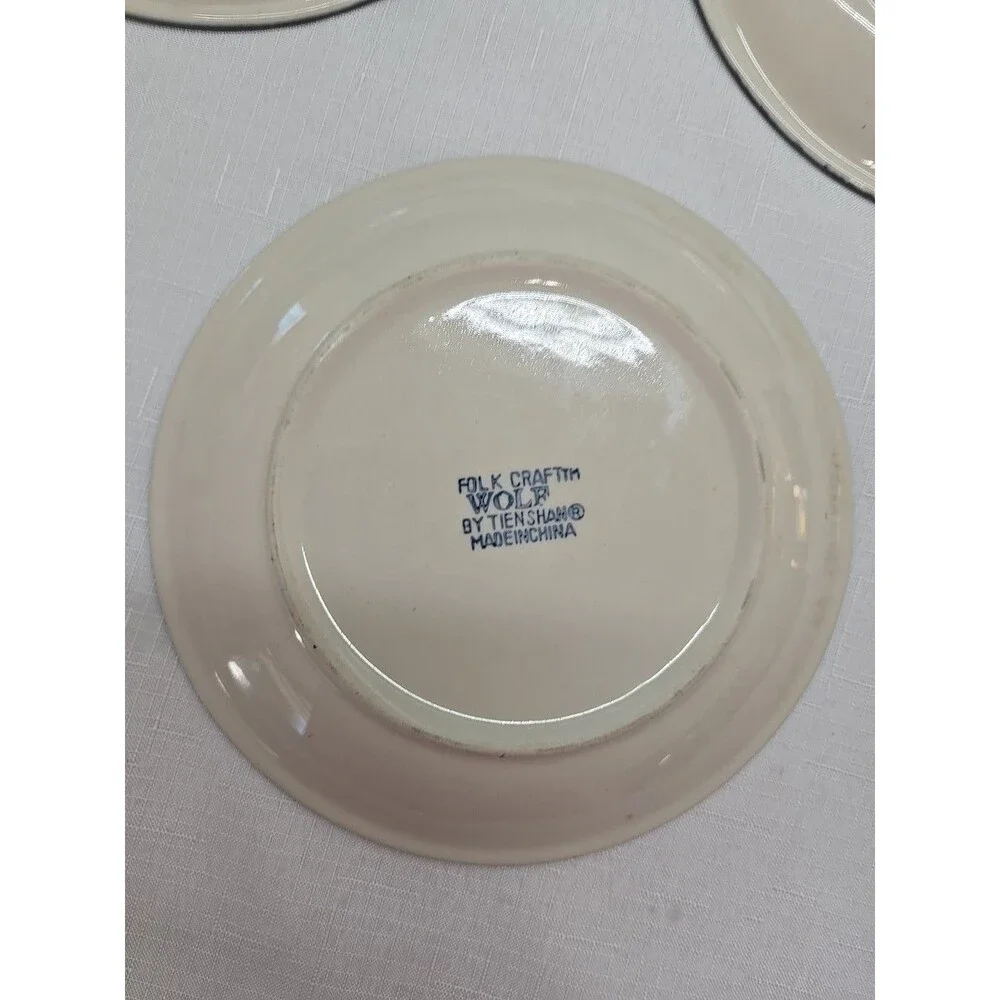 Set of 5 VTG WOLF by TIENSHAN FOLK CRAFT 7 5/8' Salad Dessert Plates Blue**READ*